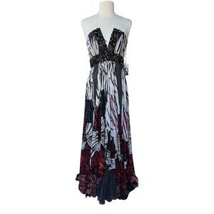NWT Jovani Crepe Georgette Beaded Strapless Gown Abstract Floral Hibiscus Print